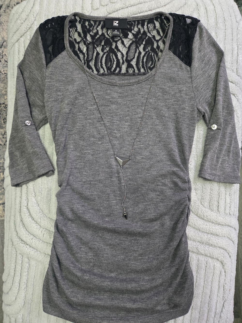 Iz Byer Grey Scoop Neck Tunic with Black Lace Yoke